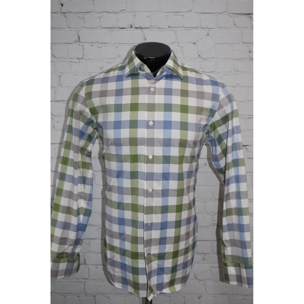 Banana Republic Shirt Mens Medium Green Blue Gingham Plaid Non-Iron Slim Fit